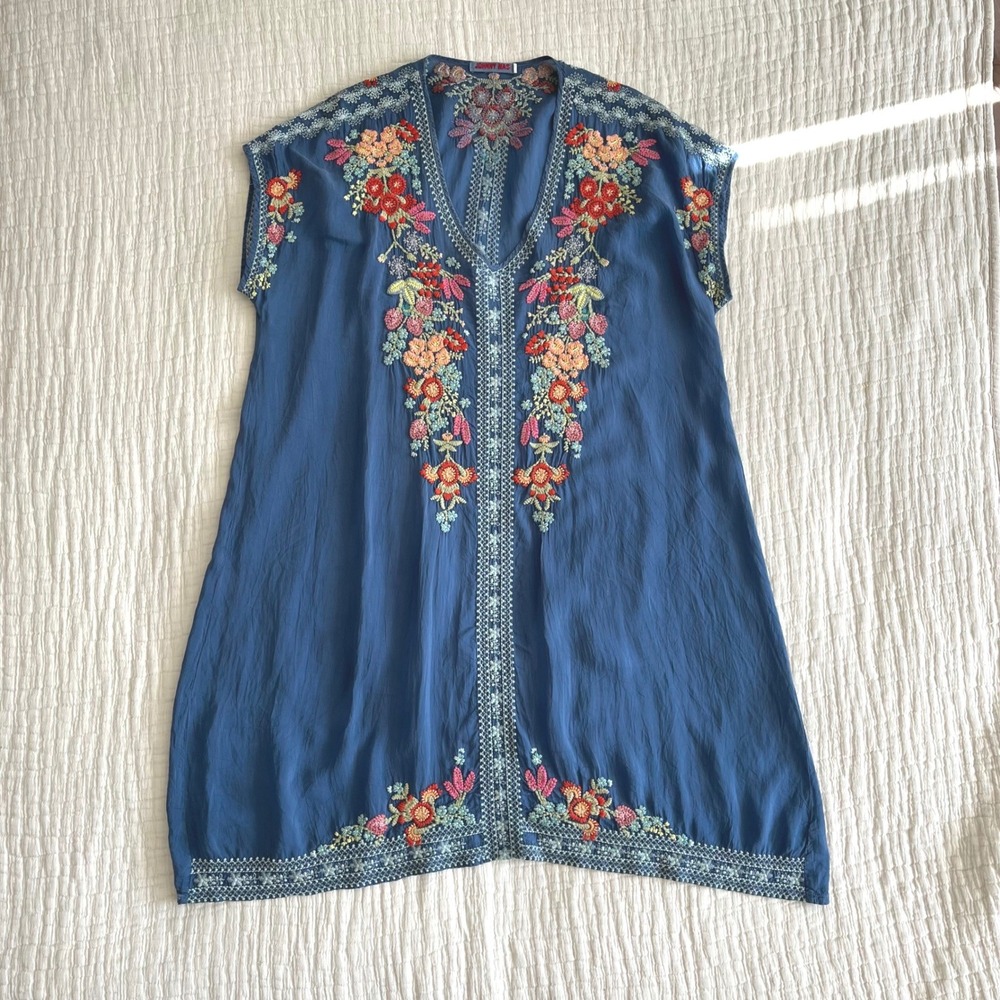 Johnny Was Heidi Heavy Embroidered Tunic Shift Dress Blue Boho Floral Large